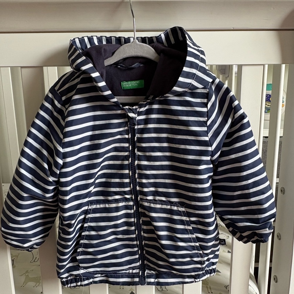 United Colors Of Benetton Blue and White Striped Raincoat